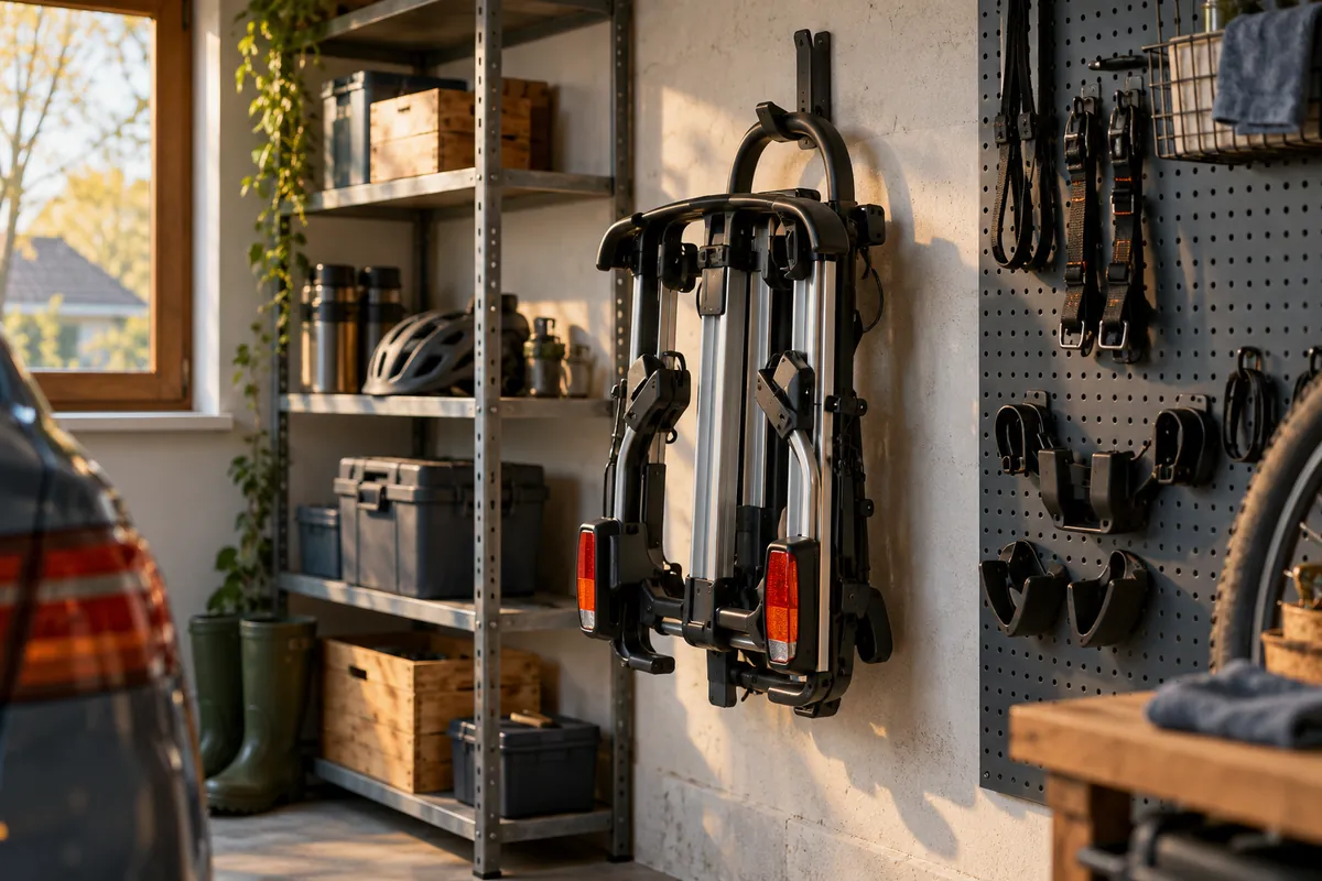 Zusammengeklappter Kupplungsträger lehnt in einer Garage an der Wand, daneben Spanngurte und Rahmenhalter